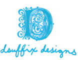 A blue and white logo of the word " suffix design ".